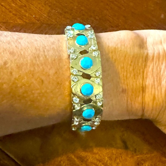 Turquoise Color Cabochon Beads, rhinestone crystal Gold color stretch bracelet - Picture 2 of 9